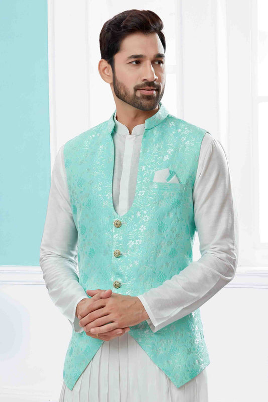 Off White and Green Indo Western In Silk Dupion  NCSH10410560