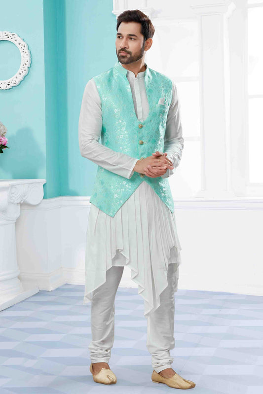 Off White and Green Indo Western In Silk Dupion NCSH10410560