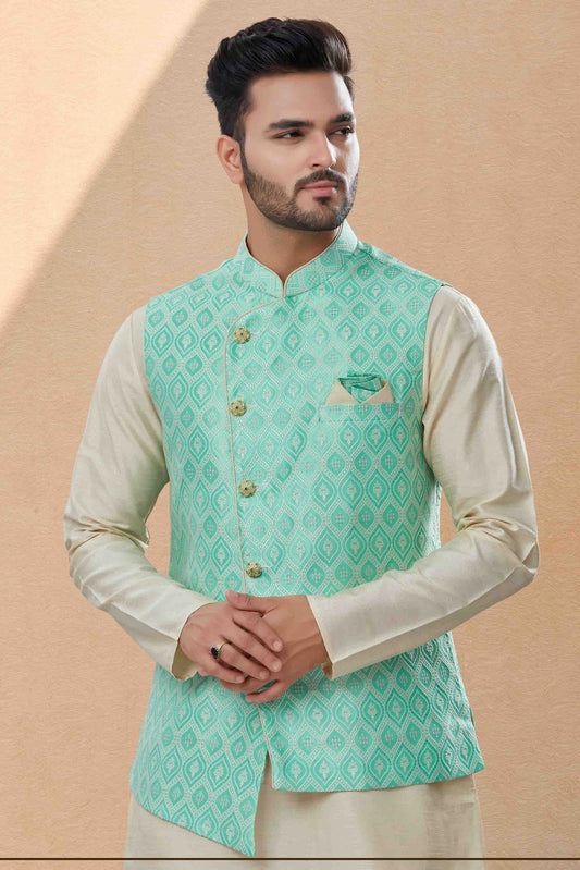 Off White and Green Kurta PajamaWith Jacket In Silk Dupion  NCKP10410748