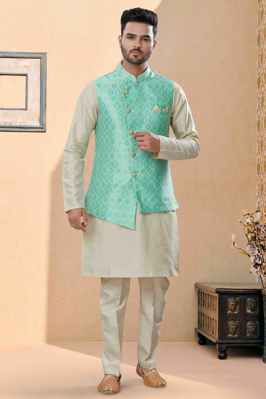 Off White and Green Kurta PajamaWith Jacket In Silk Dupion NCKP10410748