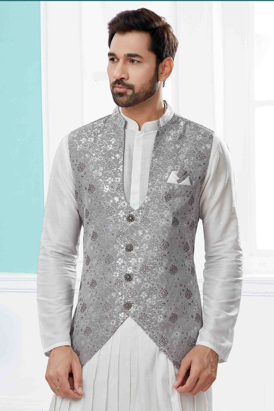 Off White and Grey Indo Western In Silk Dupion  NCSH10410558