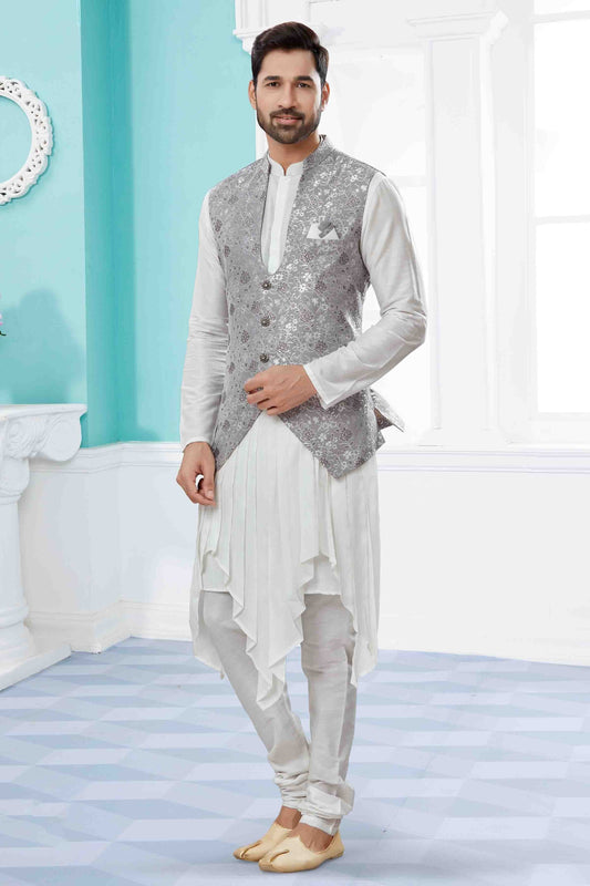 Off White and Grey Indo Western In Silk Dupion NCSH10410558