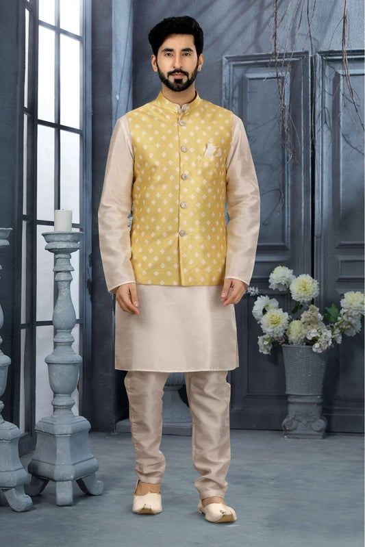 Off White and Yellow Kurta PajamaWith Jacket In Silk Dupion NCKP10410734