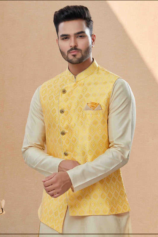 Off White and Yellow Kurta PajamaWith Jacket In Silk Dupion  NCKP10410749