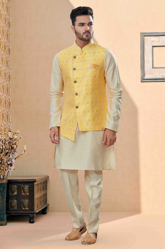 Off White and Yellow Kurta PajamaWith Jacket In Silk Dupion NCKP10410749