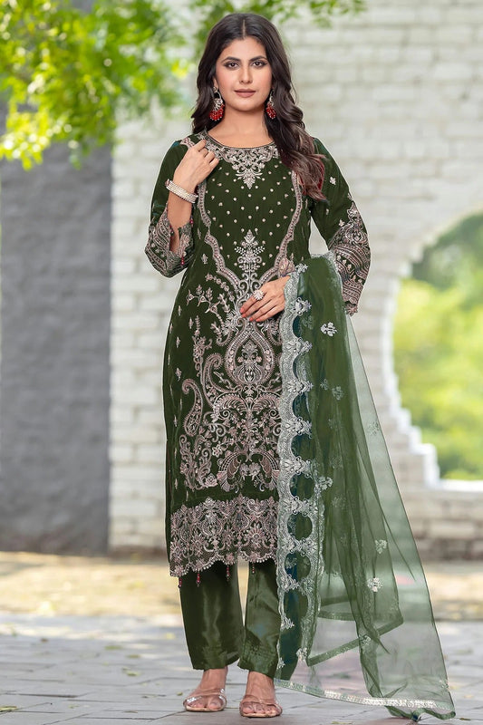 Olive Green Velvet Semi Stitched Pakistani Suit NCSM12510202