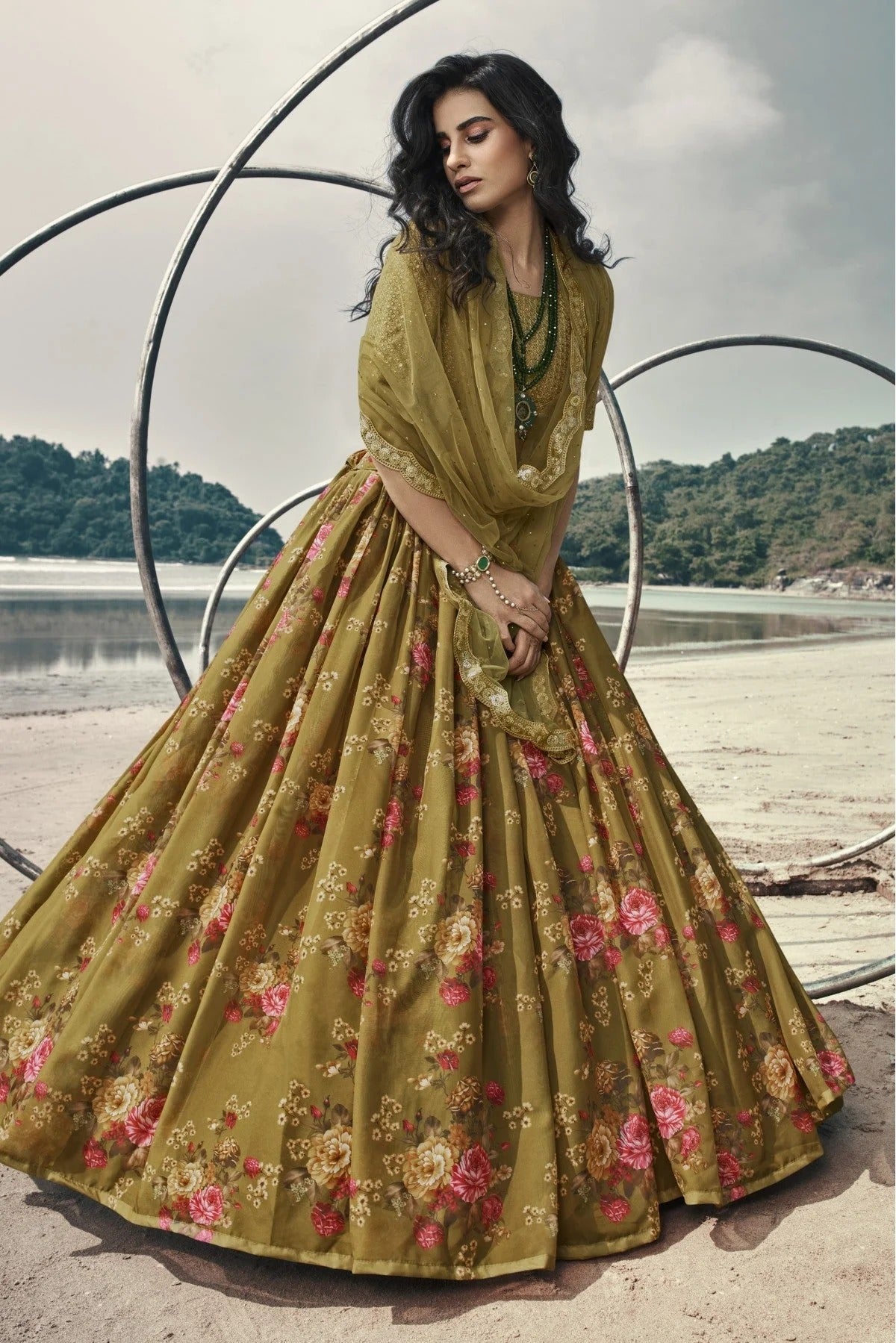 Olive and Green Organza Printed Lehenga Choli NCLC10810607