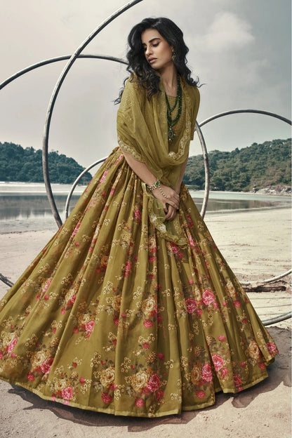 Olive and Green Organza Printed Lehenga Choli NCLC10810607