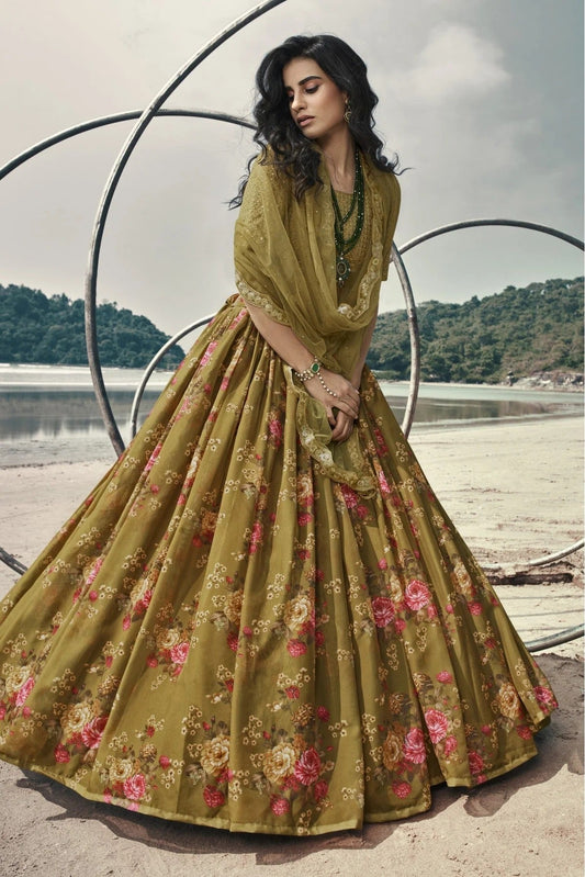 Olive and Green Organza Printed Lehenga Choli NCLC10810607