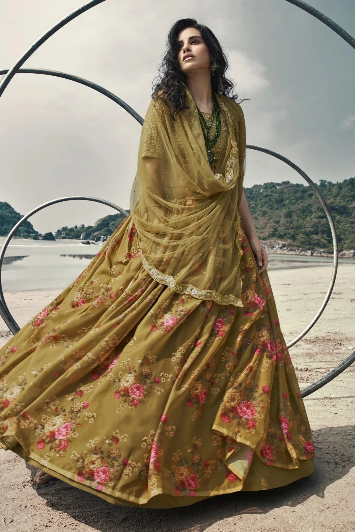 Olive and Green Organza Printed Lehenga Choli NCLC10810607