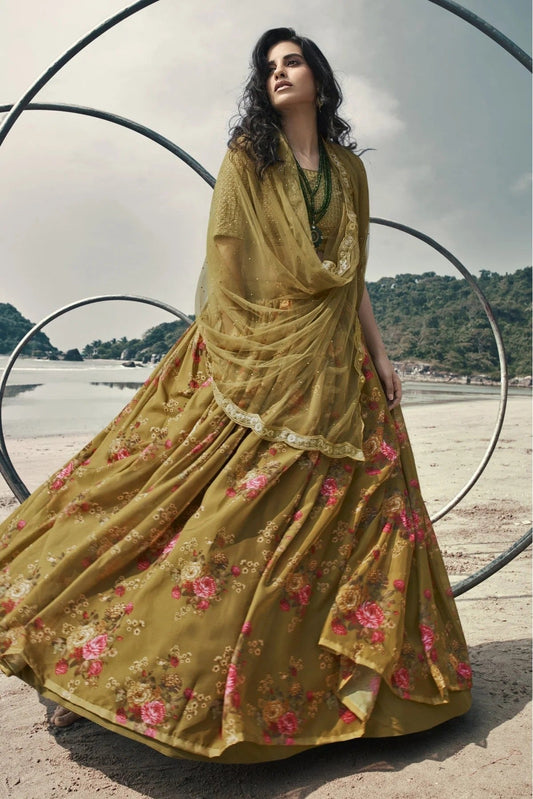 Olive and Green Organza Printed Lehenga Choli NCLC10810607