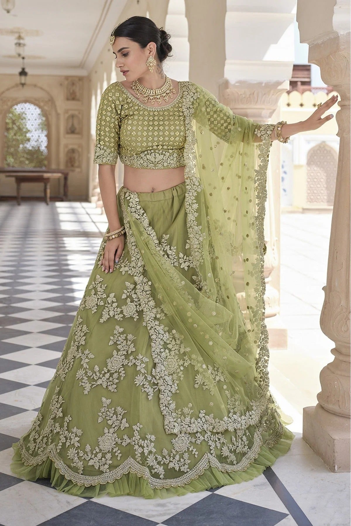 Olive and Green Soft Net Sequins Lehenga Choli NCLC10810585