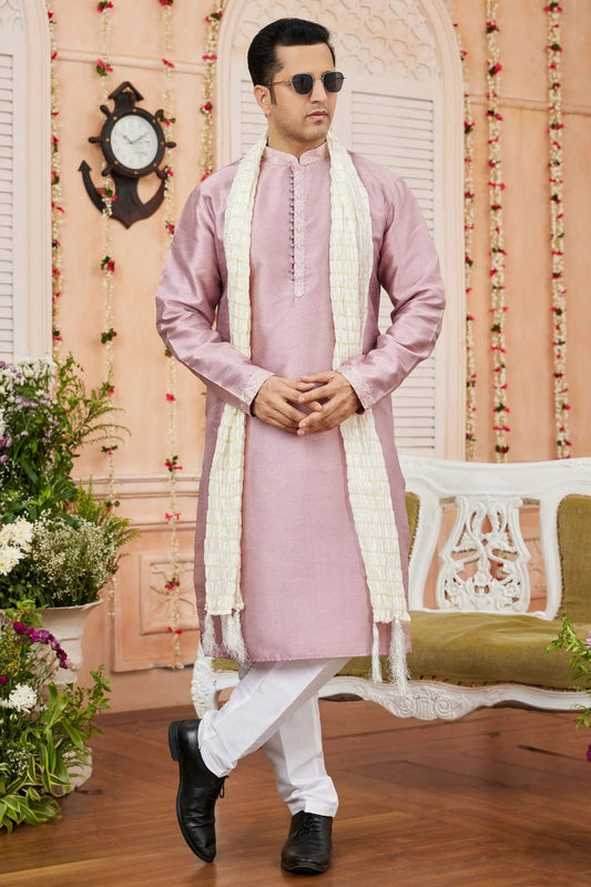 Onion Pink Art Banarasi Silk Kurta PajamaWith Stole  NCKP12310124