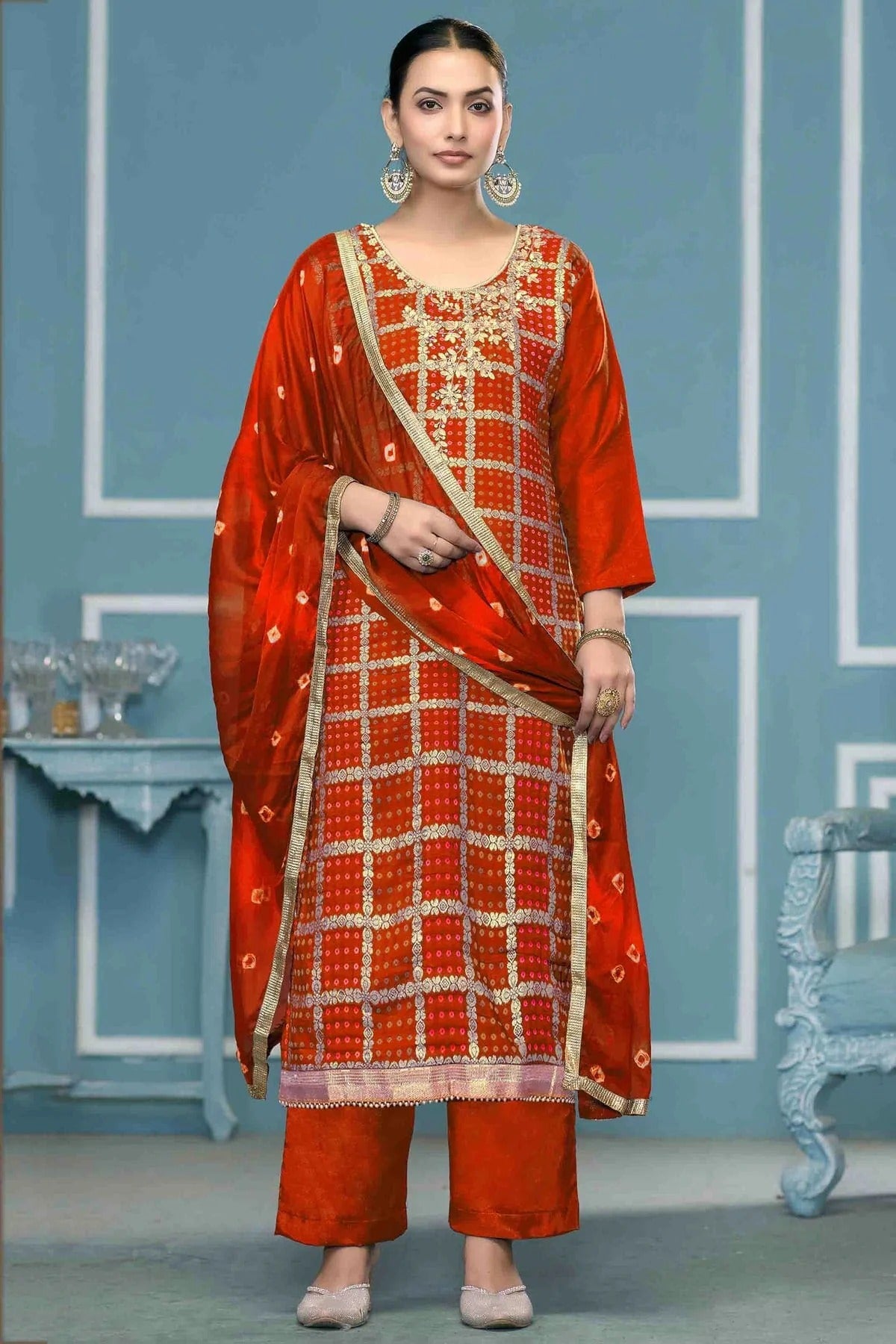Orange Banarasi Cotton Pant Style Suit NCSM11110711