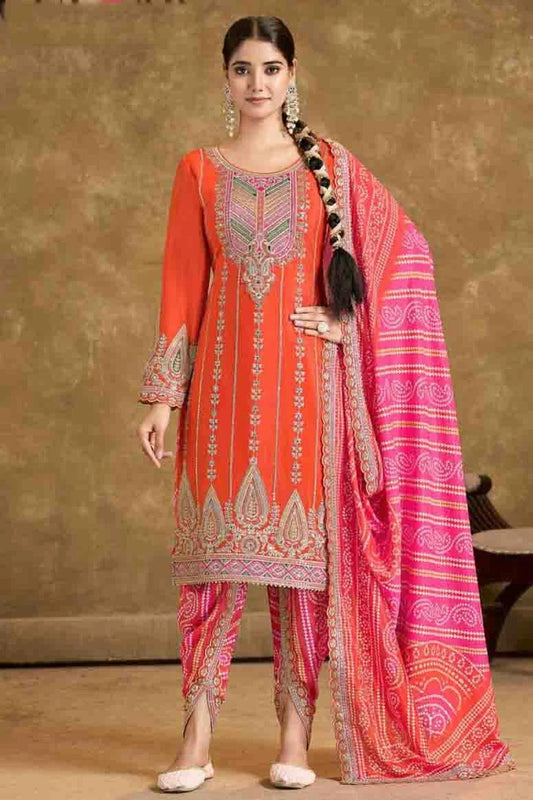 Orange Chinon Patiala Suit NCSM11410218