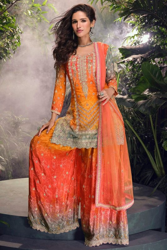 Orange Chinon Silk Palazzo Pant Suit NCSM11410362