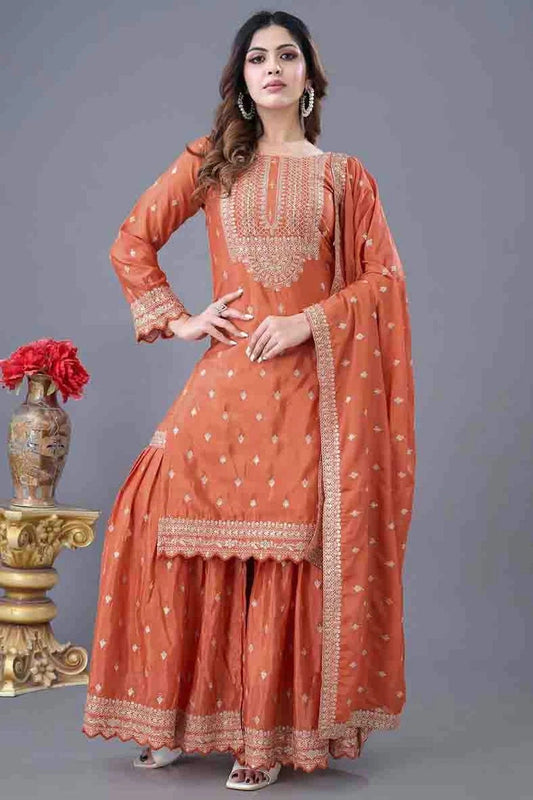 Orange Chinon Silk Stitched Sharara Suit NCSS11410199