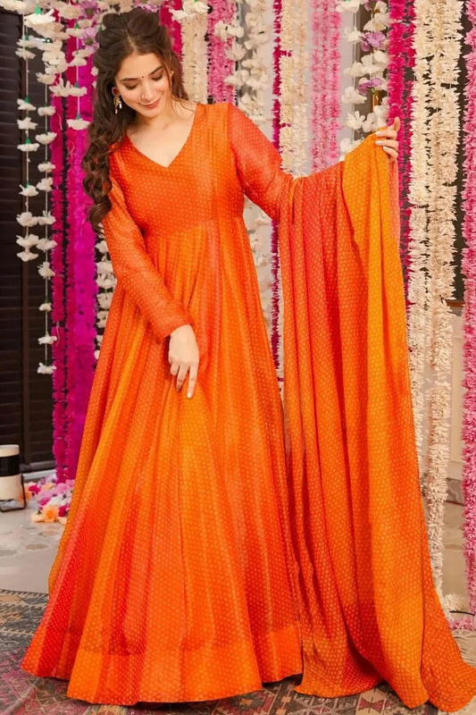 Orange Chinon Stitched Gown NCGW11111380