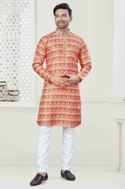 Orange Digital Print Silk Kurta Pajama NCKP11110563