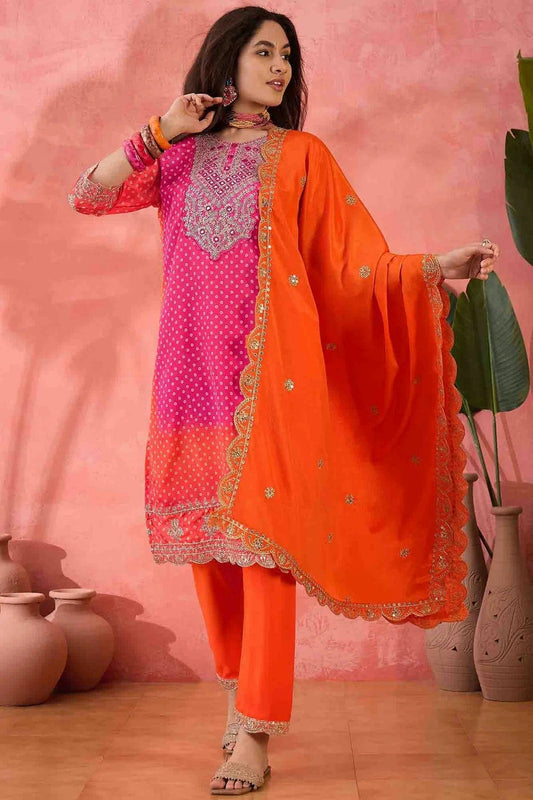 Orange Embroidery Chinon Silk Pant Style Suit NCSS11110493
