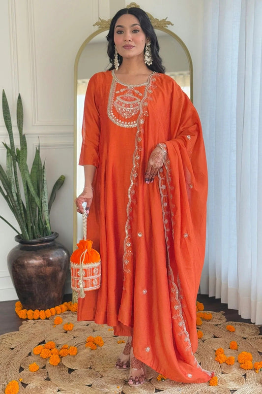 Orange Embroidery Vichitra Silk Stitched Suit NCSS11111306