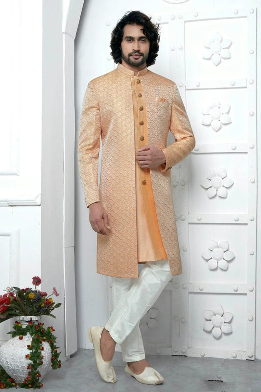 Orange Jacquard Silk Indowestern Sherwan With Aligadhi Pant  NCSH12310333