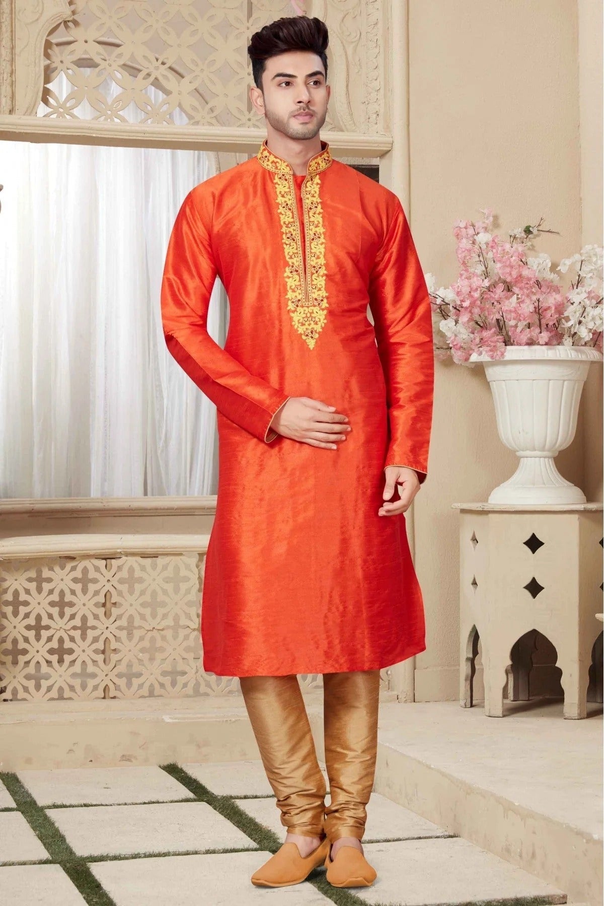 Orange Kurta Pajama In Art Dhupion NCKP10410570