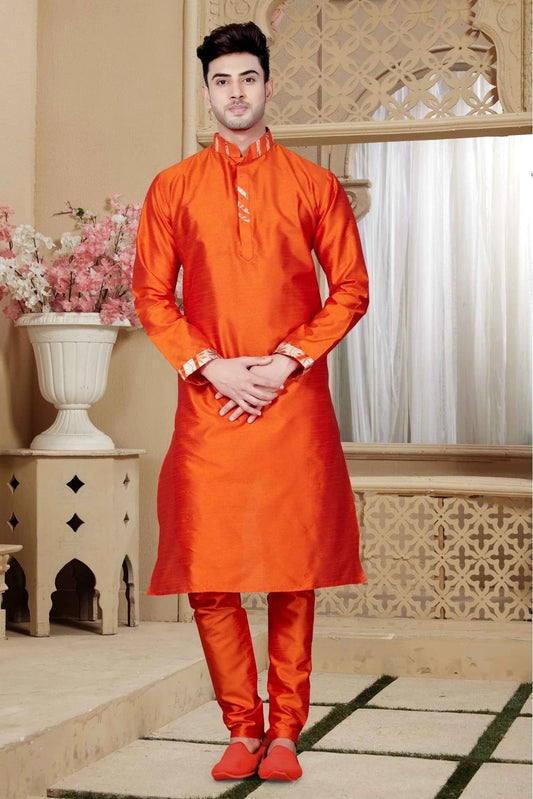Orange Kurta Pajama In Art Dhupion NCKP10410572
