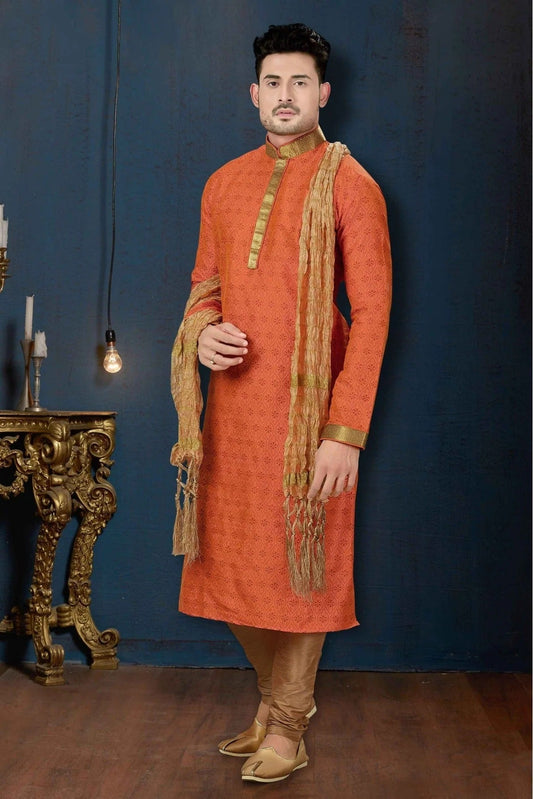 Orange Kurta Pajama In Dupioni NCKP10410626