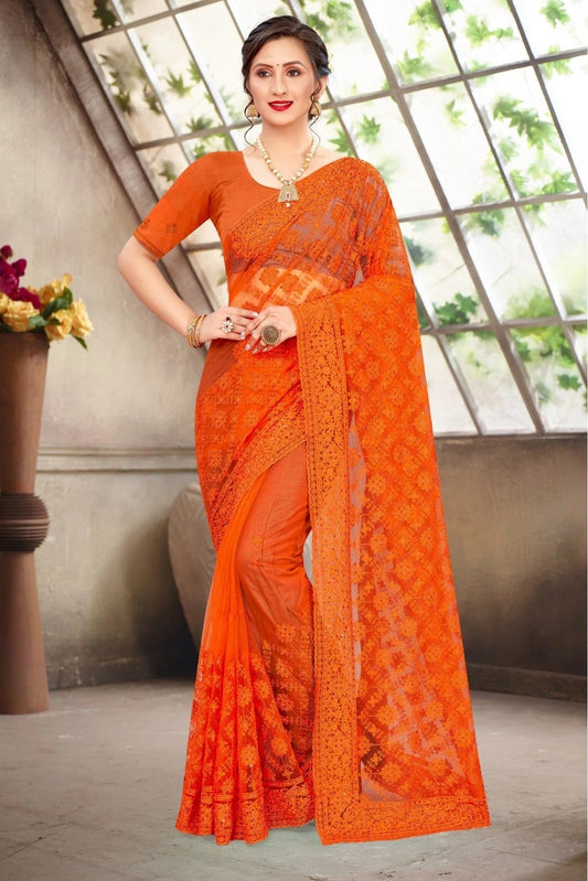 Orange Net Embroidery Saree NCSD10910665