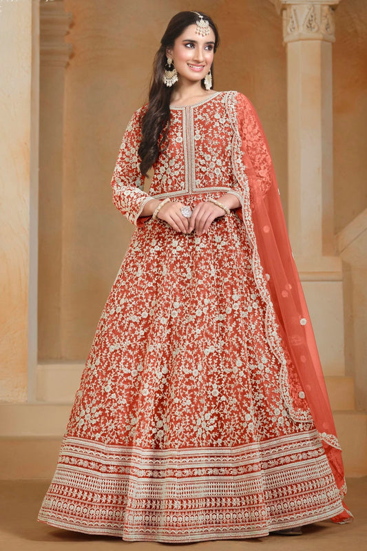 Orange Net Semi Stitched Anarkali Suit NCSM10510176