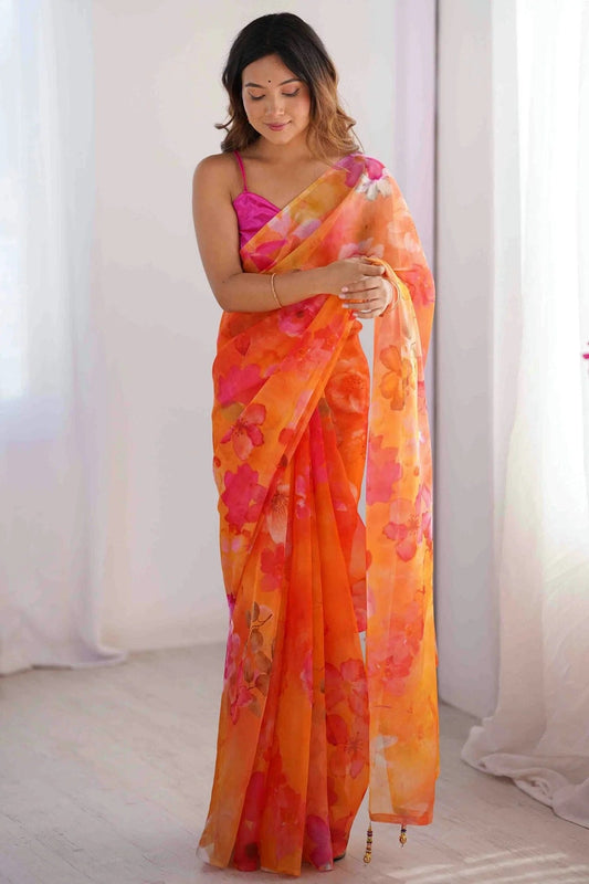 Orange Organza Printed Saree NCSD11110117
