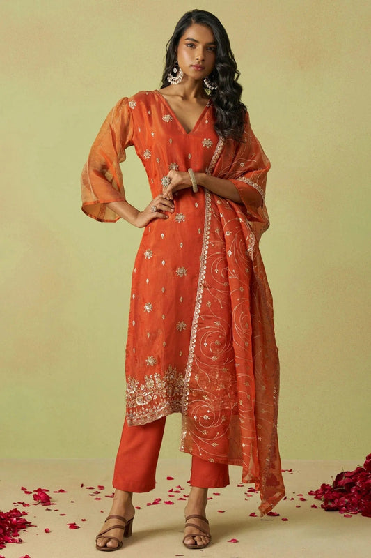 Orange Semi Stitched Shimmer Organza Pant Style Suit NCSM11111018