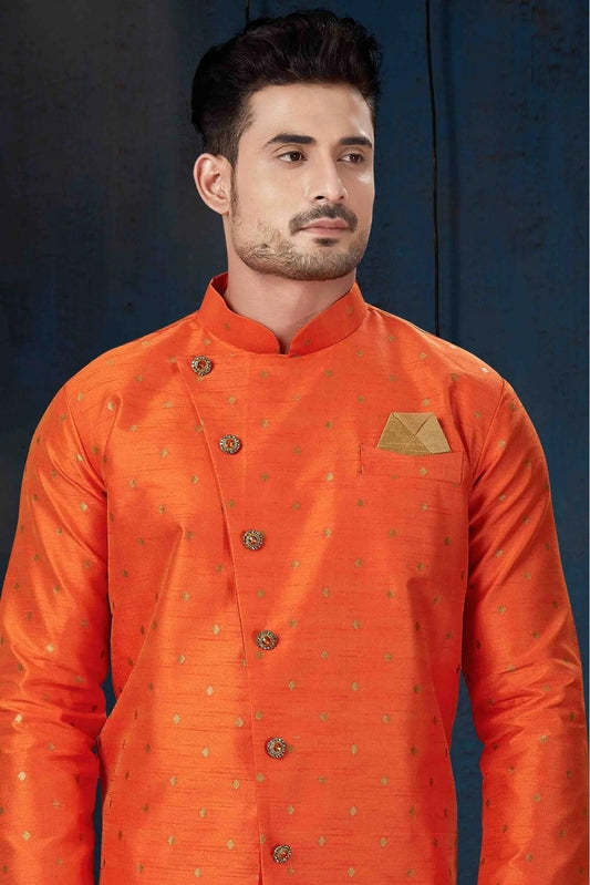 Orange Silk Party Wear Indo Western Sherwani NCSH10410336
