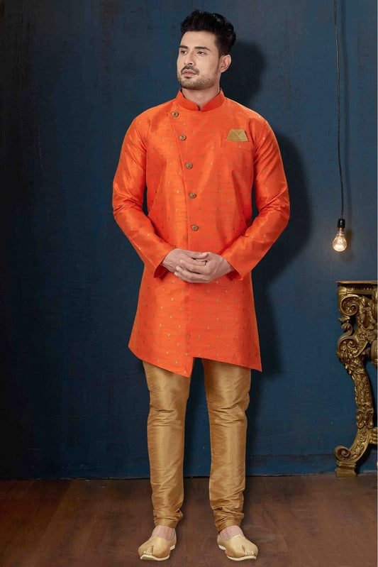 Orange Silk Party Wear Indo Western Sherwani NCSH10410336