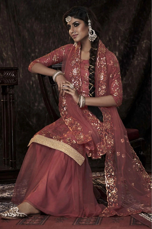 Orange Soft Net Sequins Sharara Suit NCSM10810368