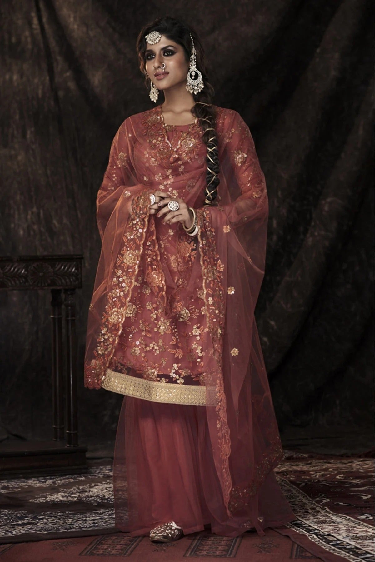 Orange Soft Net Sequins Sharara Suit NCSM10810368