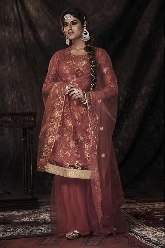 Orange Soft Net Sequins Sharara Suit NCSM10810368