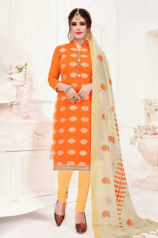 Orange Unstitched Banarasi Jacquard Churidar Suit NCUS11610285