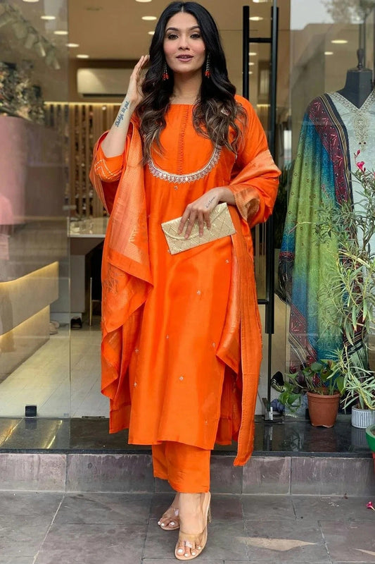 Orange Viscose Chanderi Stitched Salwar Suit NCSS11111925