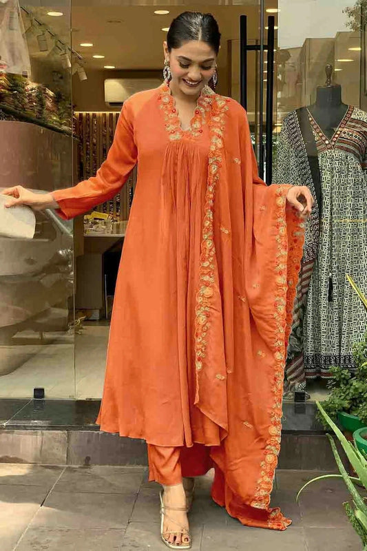 Orange Viscose Chinon Stitched Suit NCSS11110651
