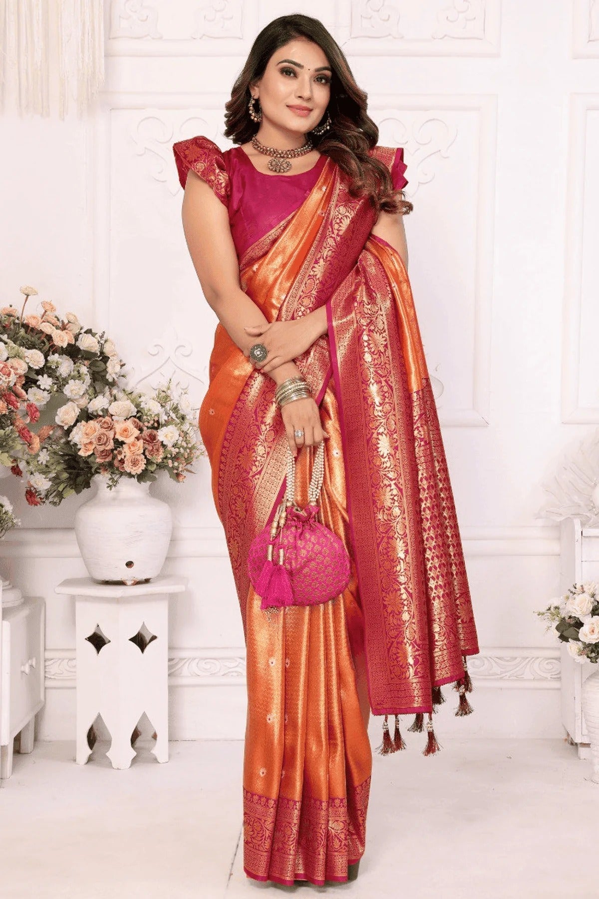 Orange Woven Pure Banarasi Tissue Silk Traditional Saree NCSD12510183