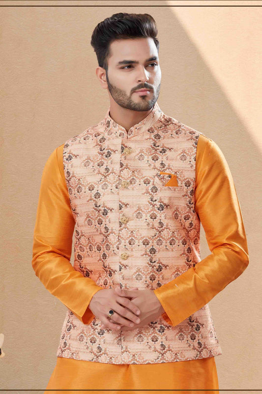 Orange and Multi Kurta PajamaWith Jacket In Silk Dupion  NCKP10410736