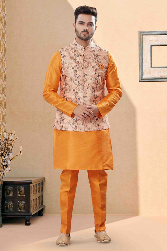 Orange and Multi Kurta PajamaWith Jacket In Silk Dupion NCKP10410736