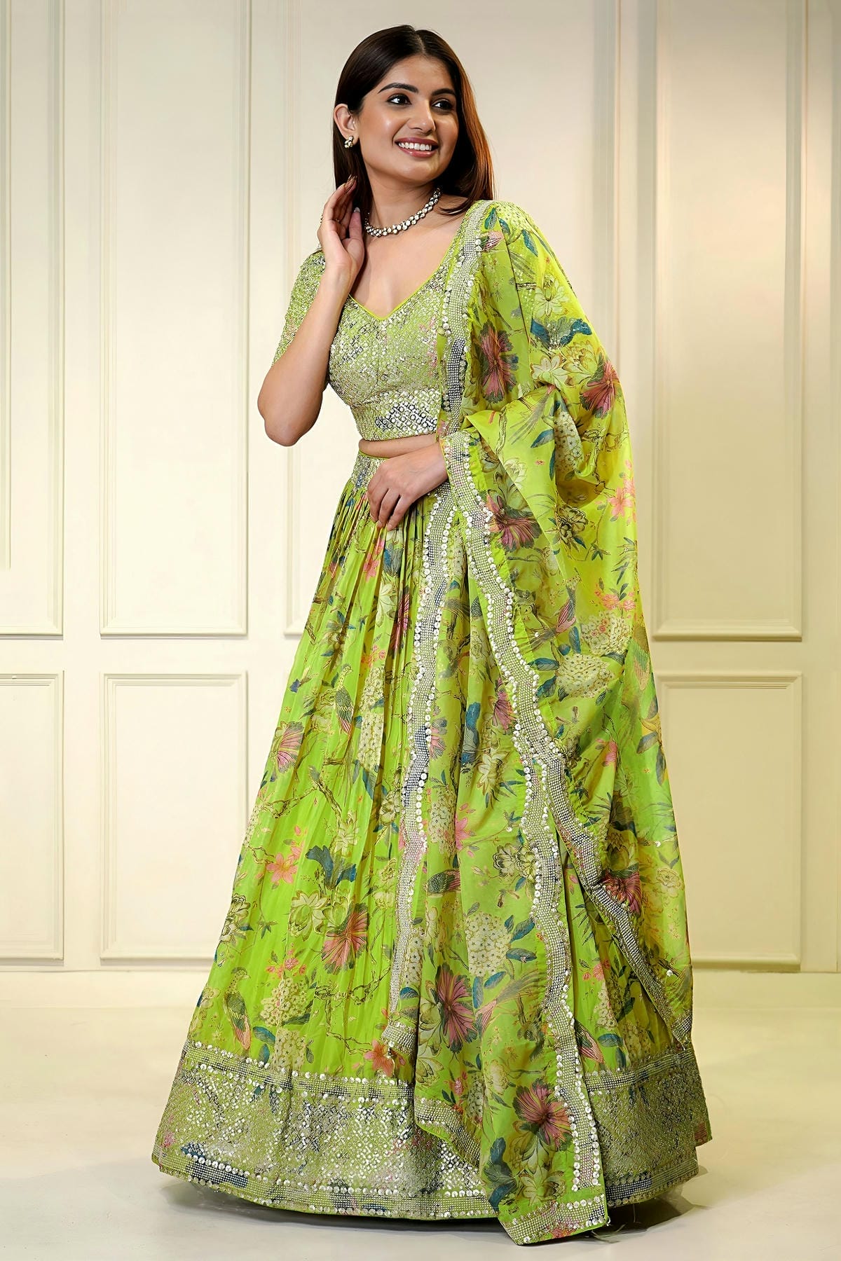 Organza Lehenga Choli In Neon Green Colour LC10110199