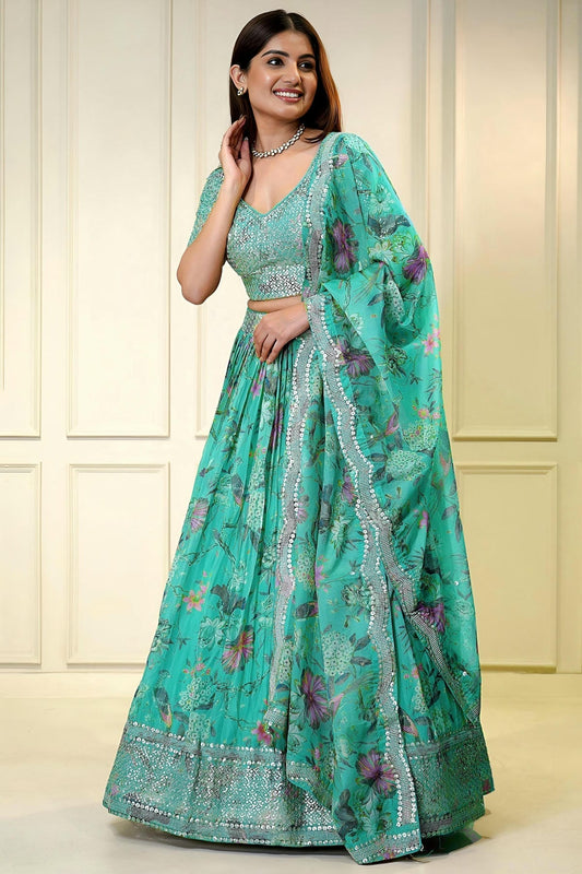 Organza Lehenga Choli In Sky Blue Colour LC10110198