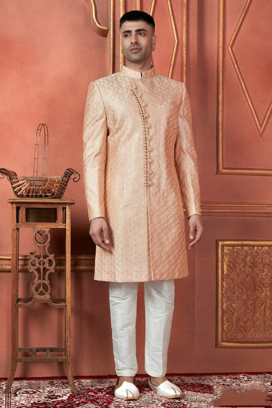 Peach Art Silk Indowestern Sherwan With Aligadhi Pant  NCSH12310273