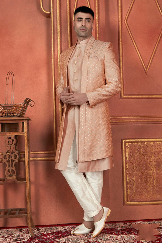 Peach Art Silk Indowestern Sherwan With Aligadhi Pant  NCSH12310286