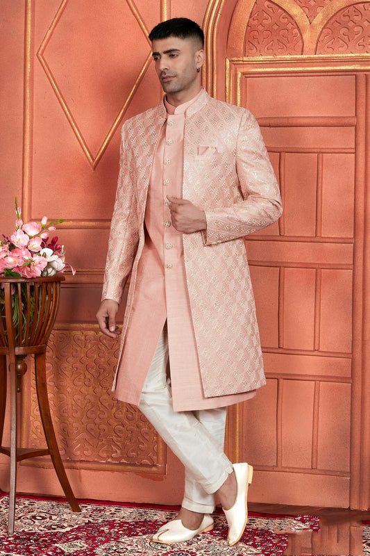 Peach Art Silk Indowestern Sherwan With Aligadhi Pant  NCSH12310366