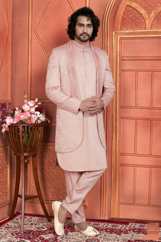 Peach Art Silk Indowestern Sherwan With Aligadhi Pant  NCSH12310373